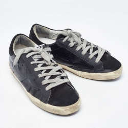 Pre Owned Golden Goose Black Suede and Python Embossed Leather Hi Star Low Top Sneakers Size 36