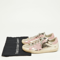 Pre Owned Golden Goose Gold/Pink Leather and Suede Superstar Sneakers Size 39