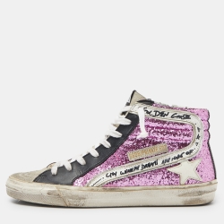 Pre Owned Golden Goose Multicolor Leather,Suede and Coarse Glitter Miami High Top Sneakers Size 38