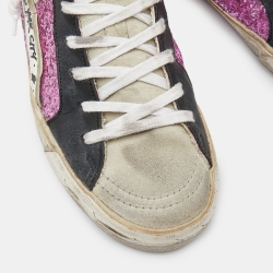 Pre Owned Golden Goose Multicolor Leather,Suede and Coarse Glitter Miami High Top Sneakers Size 38