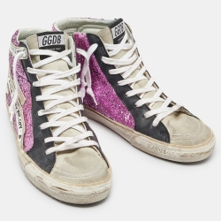 Pre Owned Golden Goose Multicolor Leather,Suede and Coarse Glitter Miami High Top Sneakers Size 38