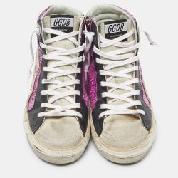 Pre Owned Golden Goose Multicolor Leather,Suede and Coarse Glitter Miami High Top Sneakers Size 38