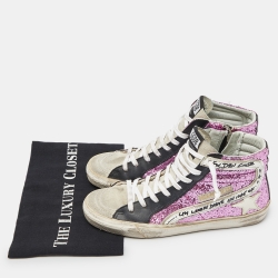 Pre Owned Golden Goose Multicolor Leather,Suede and Coarse Glitter Miami High Top Sneakers Size 38