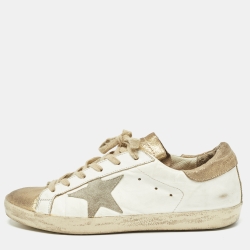Pre Owned Golden Goose White/Gold Leather Superstar Sneakers Size 39