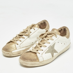 Pre Owned Golden Goose White/Gold Leather Superstar Sneakers Size 39