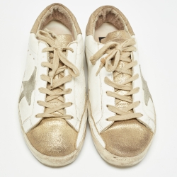 Pre Owned Golden Goose White/Gold Leather Superstar Sneakers Size 39