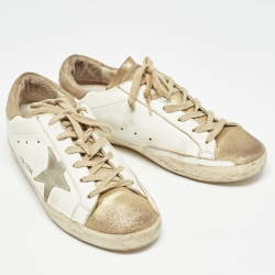 Pre Owned Golden Goose White/Gold Leather Superstar Sneakers Size 39