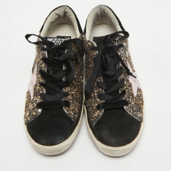 Pre Owned Golden Goose Gold/Black Glitter and Suede Superstar Sneakers Size 37