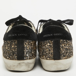 Pre Owned Golden Goose Gold/Black Glitter and Suede Superstar Sneakers Size 37