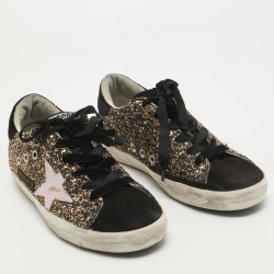 Pre Owned Golden Goose Gold/Black Glitter and Suede Superstar Sneakers Size 37