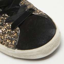 Pre Owned Golden Goose Gold/Black Glitter and Suede Superstar Sneakers Size 37