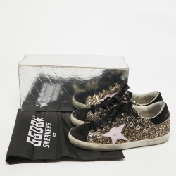 Pre Owned Golden Goose Gold/Black Glitter and Suede Superstar Sneakers Size 37