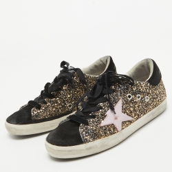 Pre Owned Golden Goose Gold/Black Glitter and Suede Superstar Sneakers Size 37