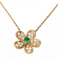 Graff 18K Yellow Gold Diamond Emerald Flower Motif Necklace