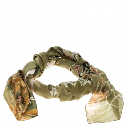 Pre Owned Gucci Green Autumn Leaves and Floral Print Cotton Scarf