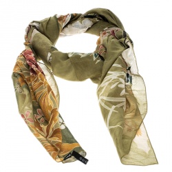 Pre Owned Gucci Green Autumn Leaves and Floral Print Cotton Scarf