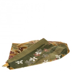 Pre Owned Gucci Green Autumn Leaves and Floral Print Cotton Scarf