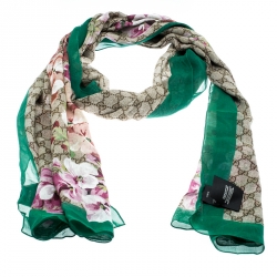 Gucci Multicolor GG Pattern Blooms Print Cotton and Silk Scarf