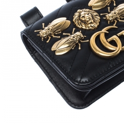 Pre Owned Gucci Black GG Marmont Matelasse Leather Animal Stud Belt Accessory