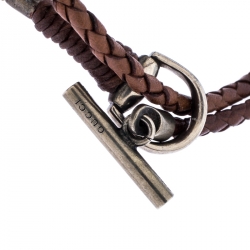 Pre Owned Gucci Brown Woven Leather Silver Wrap Toggle Bracelet