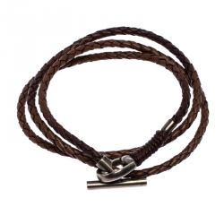 Pre Owned Gucci Brown Woven Leather Silver Wrap Toggle Bracelet