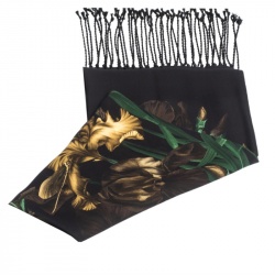 مملوكة مسبقًا Gucci Black Vanily Iris Print Fringed Silk Georgette Scarf