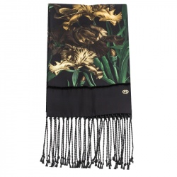 مملوكة مسبقًا Gucci Black Vanily Iris Print Fringed Silk Georgette Scarf