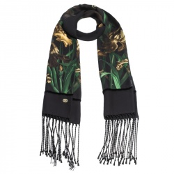 مملوكة مسبقًا Gucci Black Vanily Iris Print Fringed Silk Georgette Scarf