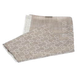 Pre Owned وشاح غوتشي بشراشيب مزيج صوف و حرير كريمي و بيج 