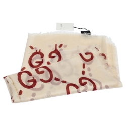 Pre Owned Gucci Cream and Red GG Ghost Print Modal & Silk Blend Scarf 