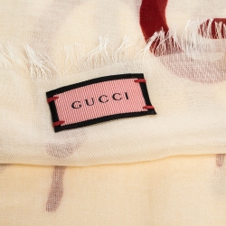 Pre Owned Gucci Cream and Red GG Ghost Print Modal & Silk Blend Scarf 