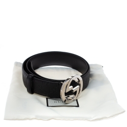 Pre Owned Gucci Black Guccissima Leather Interlocking G Buckle Belt 90CM