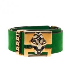 Pre Owned حزام غوتشي إبزيم نمر جلد مدبوغ أخضر 90 سم