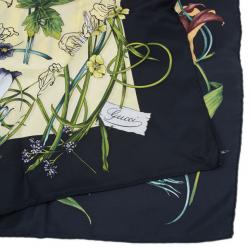 Pre Owned Gucci Black and Yellow Floral Silk Square Scarf