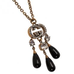 Pre Owned Gucci White Crystals and Black Glass Drops Pendant Necklace