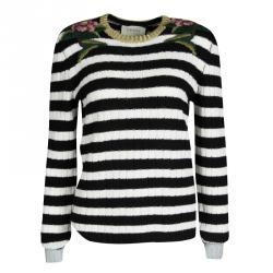Gucci Monochrome Striped Floral Embroidered Cashmere and Wool Sweater L