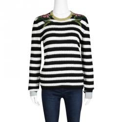 Gucci Monochrome Striped Floral Embroidered Cashmere and Wool Sweater L
