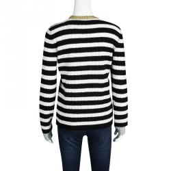Gucci Monochrome Striped Floral Embroidered Cashmere and Wool Sweater L
