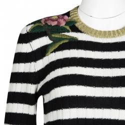 Gucci Monochrome Striped Floral Embroidered Cashmere and Wool Sweater L