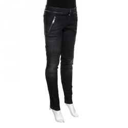 Pre Owned Gucci Dark Grey Faded Effect Denim Distressed Zip Detail Skinny Biker Jeans M