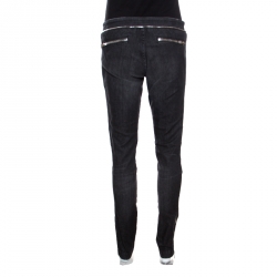 Pre Owned Gucci Dark Grey Faded Effect Denim Distressed Zip Detail Skinny Biker Jeans M