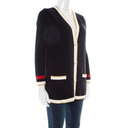 Pre Owned Gucci Navy Blue Web Trim Hanging Monkey Embroidered Embellished Cardigan S