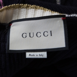 Pre Owned Gucci Navy Blue Web Trim Hanging Monkey Embroidered Embellished Cardigan S