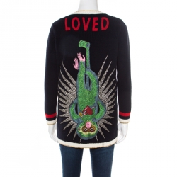 Pre Owned Gucci Navy Blue Web Trim Hanging Monkey Embroidered Embellished Cardigan S
