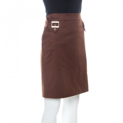 Pre Owned Gucci Brown Stretch Cotton Gold Buckle Detail Pencil Skirt L