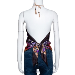 مملوكة مسبقًا توب برقبة حمالات و برباط خلفي وشاح حرير مطبوع بني (مقاس واحد)