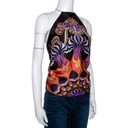 مملوكة مسبقًا توب برقبة حمالات و برباط خلفي وشاح حرير مطبوع بني (مقاس واحد)