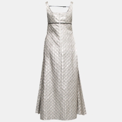 Pre Owned Gucci Gold Metallic GG Jacquard Empire Waist Pleated Long Dress S