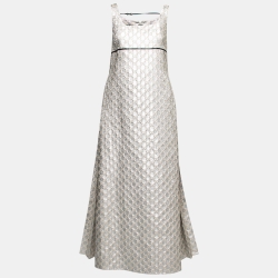 Pre Owned Gucci Gold Metallic GG Jacquard Empire Waist Pleated Long Dress S