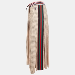 Gucci Beige GG Monogram Jersey Pleated Maxi Skirt L